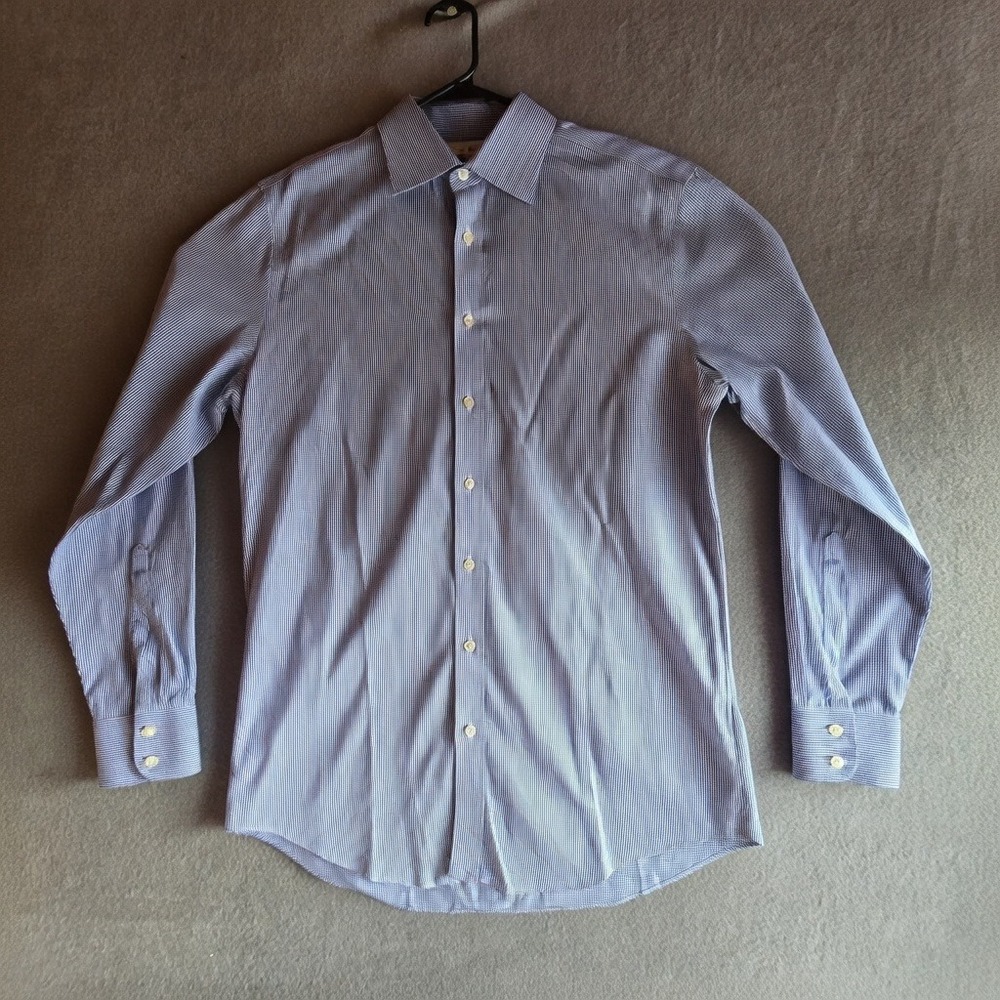 Charles Tyrwhitt Non Iron Slim Fit Dress Shirt Blue White Micro Check 16.5 36